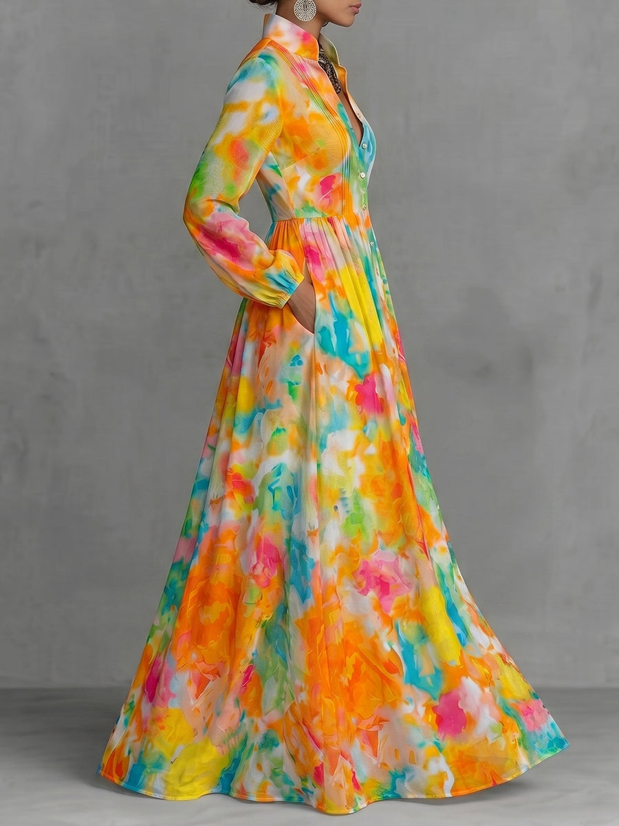 Printed Pockets Pleated Contrast Color Buttoned Long Sleeves A-Line Lapel Shirt Dress Maxi Dresses