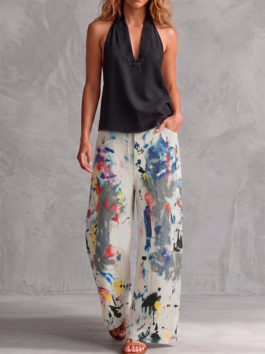 Pockets Graffiti Printed Contrast Color Buttoned Wide Leg High Waisted Trousers Pants