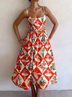 Elasticated Waist High Waisted Contrast Color Pleated Printed Split-Joint Spaghetti-Neck Midi Dresses