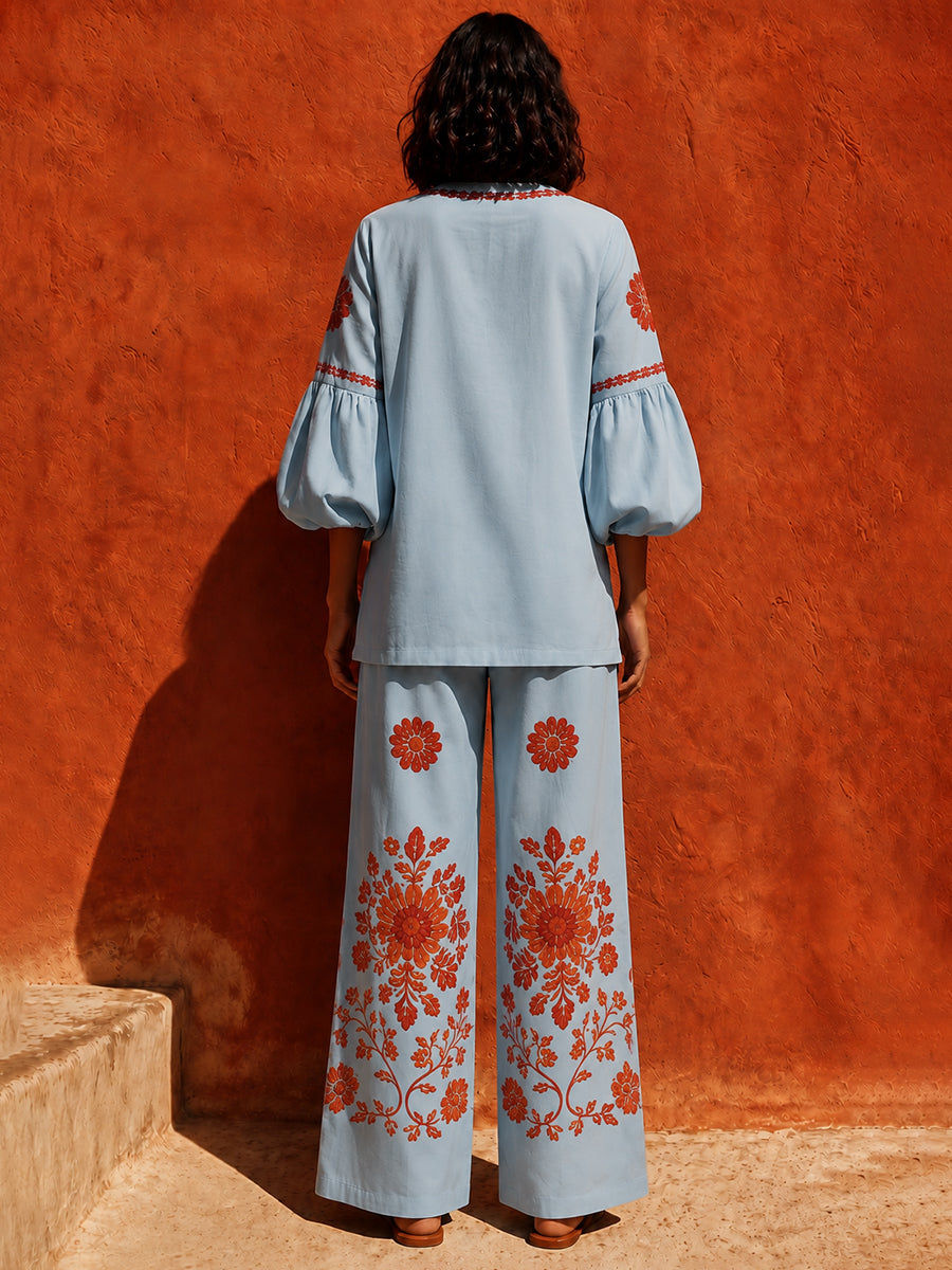 Long Sleeves Contrast Color Flower Print Pleated V-neck Blouses&shirts Tops + Pockets High Waisted Pants Trousers Two Pieces Set