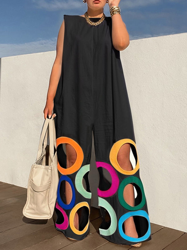 Loose Sleeveless Contrast Color Hollow Jumpsuits