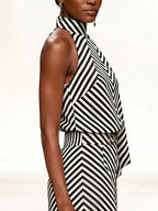 Sleeveless Contrast Color Draped Striped Halter-Neck Blouses&Shirts Tops