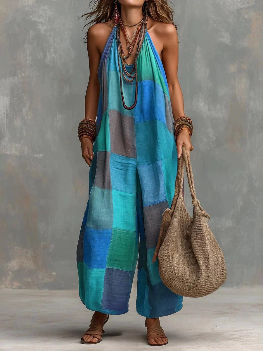 Loose Sleeveless Contrast Color Plaid Halter-Neck Jumpsuits