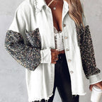 NENITA™ - Chic Oversized Sequin Hem Collared Button Down Jacket
