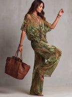 Half Sleeves Loose Contrast Color Knot Leopard Printed See-Through Deep V-Neck Blouses&Shirts Tops
