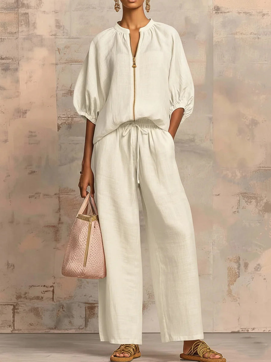 Half Sleeves Loose Drawstring Elasticity Pockets Solid Color Zipper Round-Neck Blouses&Shirts Tops Pants Trousers Two Pieces Set