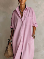 Long Sleeves Loose Buttoned Pockets Solid Color Lapel Maxi Dresses Shirt Dress