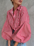 Striped Split-Joint Drawstring Buttoned Puff Sleeves Loose Lapel Blouses&shirts Tops