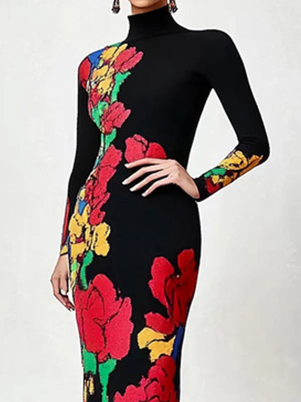 Skinny Flower Print Multi-Colored High Neck Maxi Dresses