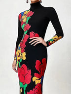 Skinny Flower Print Multi-Colored High Neck Maxi Dresses