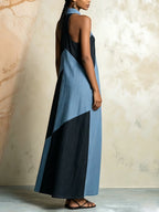 Zipper Split-Joint Pockets Contrast Color Sleeveless Loose Halter-Neck Maxi Dresses