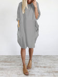 Long Sleeves Loose Pockets Solid Color Round-Neck Mini Dresses