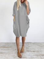 Long Sleeves Loose Pockets Solid Color Round-Neck Mini Dresses