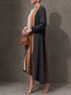 Zipper Split-Joint Leopard Elasticity Contrast Color Loose Long Sleeves Round-neck Maxi Dresses