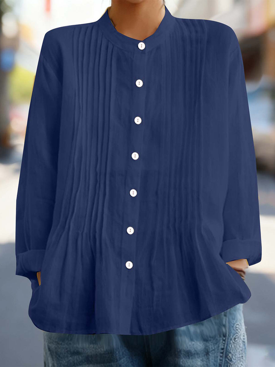 Long Sleeves Loose Buttoned Pleated Solid Color Round-Neck Blouses&Shirts Tops