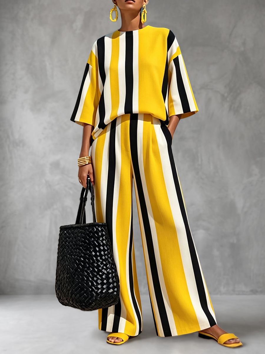 Striped Contrast Color Loose Half Sleeves Round-neck Blouses&shirts Tops