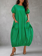 Split-Joint Solid Color Pockets Elastics Short Sleeves Bloomers Round-neck Maxi Dresses