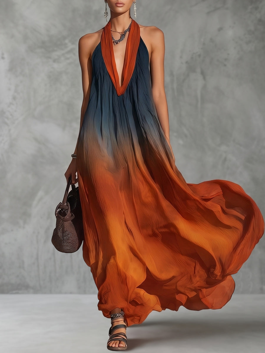Pleated Contrast Color Sleeveless Loose Halter-Neck Maxi Dresses