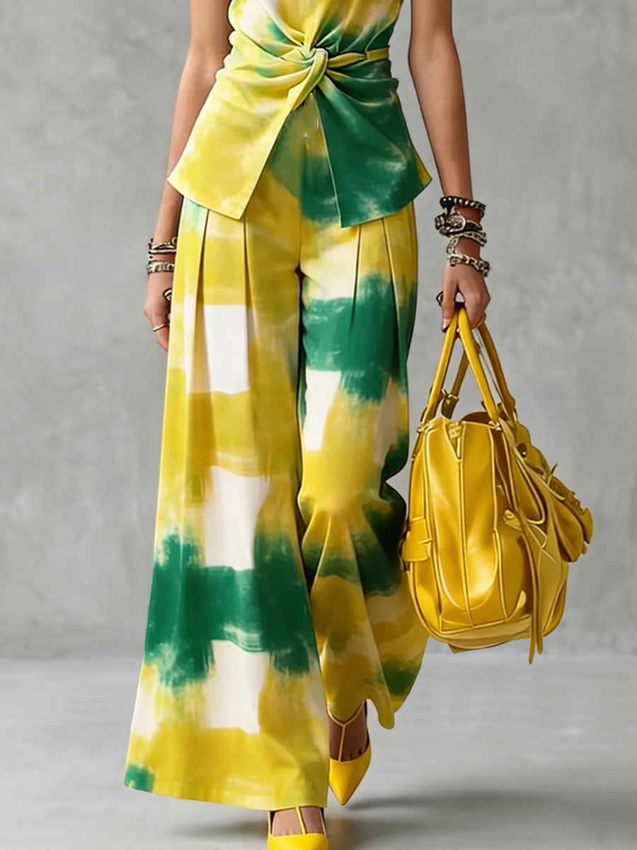 Printed Pockets Pleated Contrast Color Wide Leg High Waisted Trousers Pants