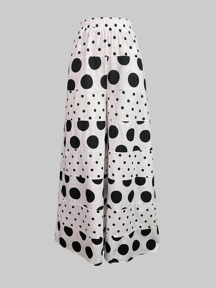 High Waisted Loose Contrast Color Elasticity Pockets Polka-Dot Split-Joint Pants Trousers