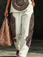 Printed Pockets Elasticity Contrast Color Wide Leg Loose Trousers Pants