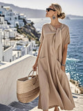 Loose Plus Size Asymmetric Knot Pockets Solid Color Bow Collar Maxi Dresses