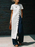 Split-front Solid Color Buttoned Asymmetric Short Sleeves Loose Round-neck Blouses&shirts Tops