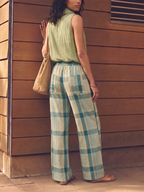 Pockets Plaid Contrast Color Wide Leg Loose Trousers Pants
