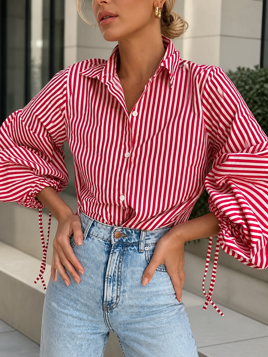 Striped Split-Joint Drawstring Buttoned Puff Sleeves Loose Lapel Blouses&shirts Tops