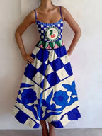 Elasticated Waist High Waisted Contrast Color Pleated Printed Split-Joint Spaghetti-Neck Midi Dresses