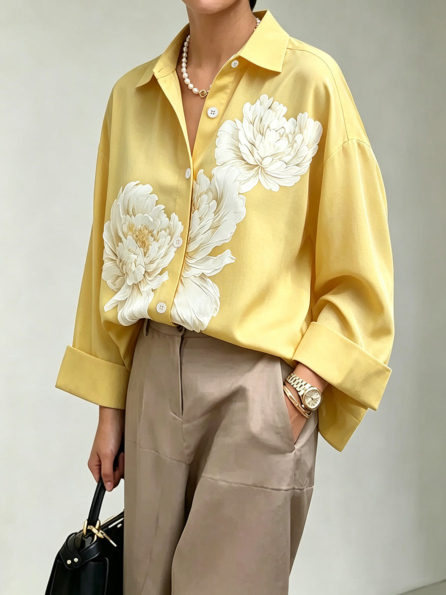 Flower Print Buttoned Loose Long Sleeves Lapel Blouses&shirts Tops