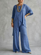 Loose Plus Size Asymmetric Solid Color Round-Neck Blouses&Shirts Tops + Pants Two Pieces Set