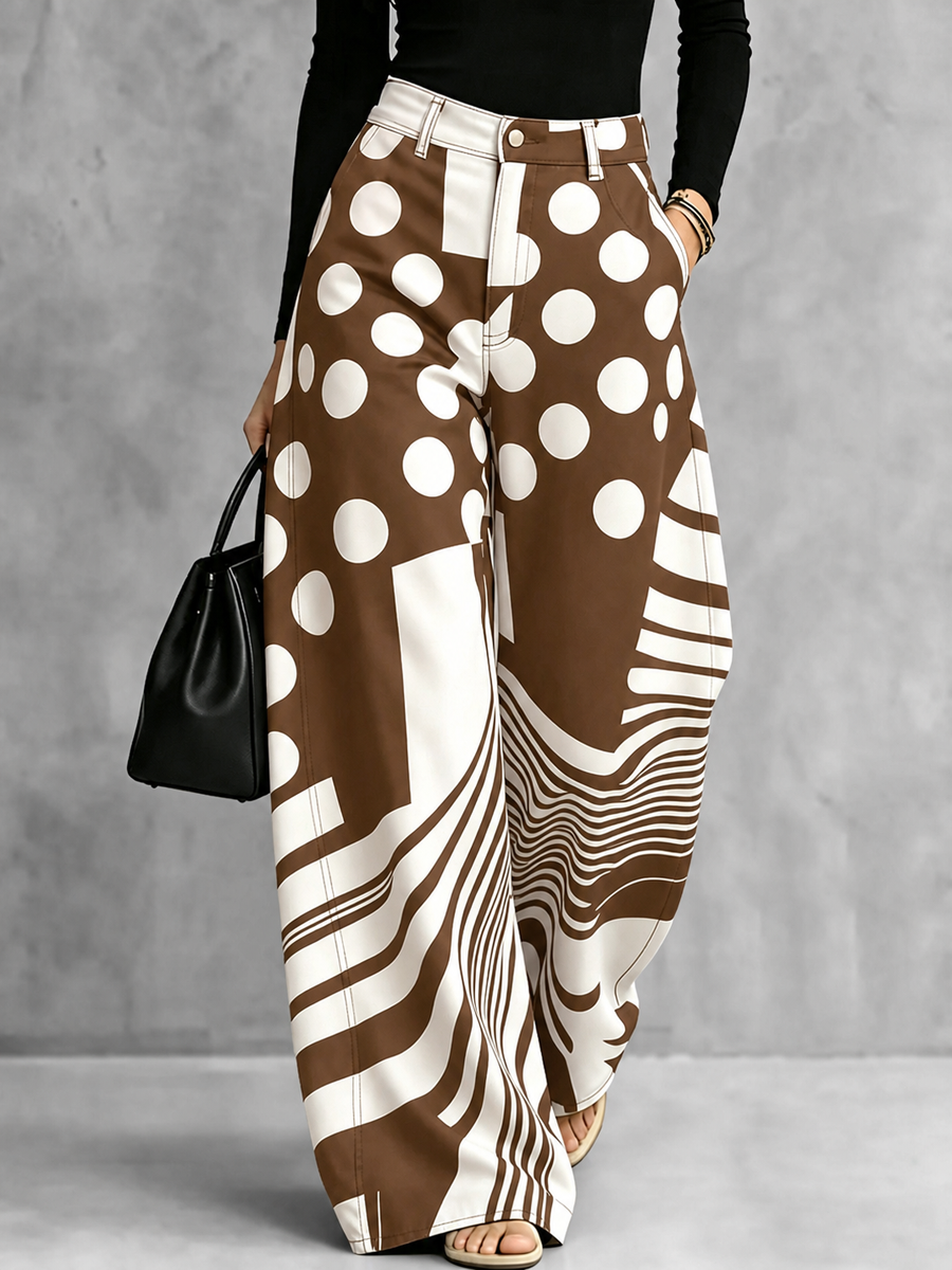 Zipper Striped Polka-Dot Pockets Contrast Color Buttoned Wide Leg Loose Trousers Pants