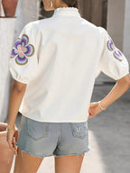 Loose Puff Sleeves Contrast Color Flower Print Ruffle Trim Stand Collar Blouses&Shirts Tops