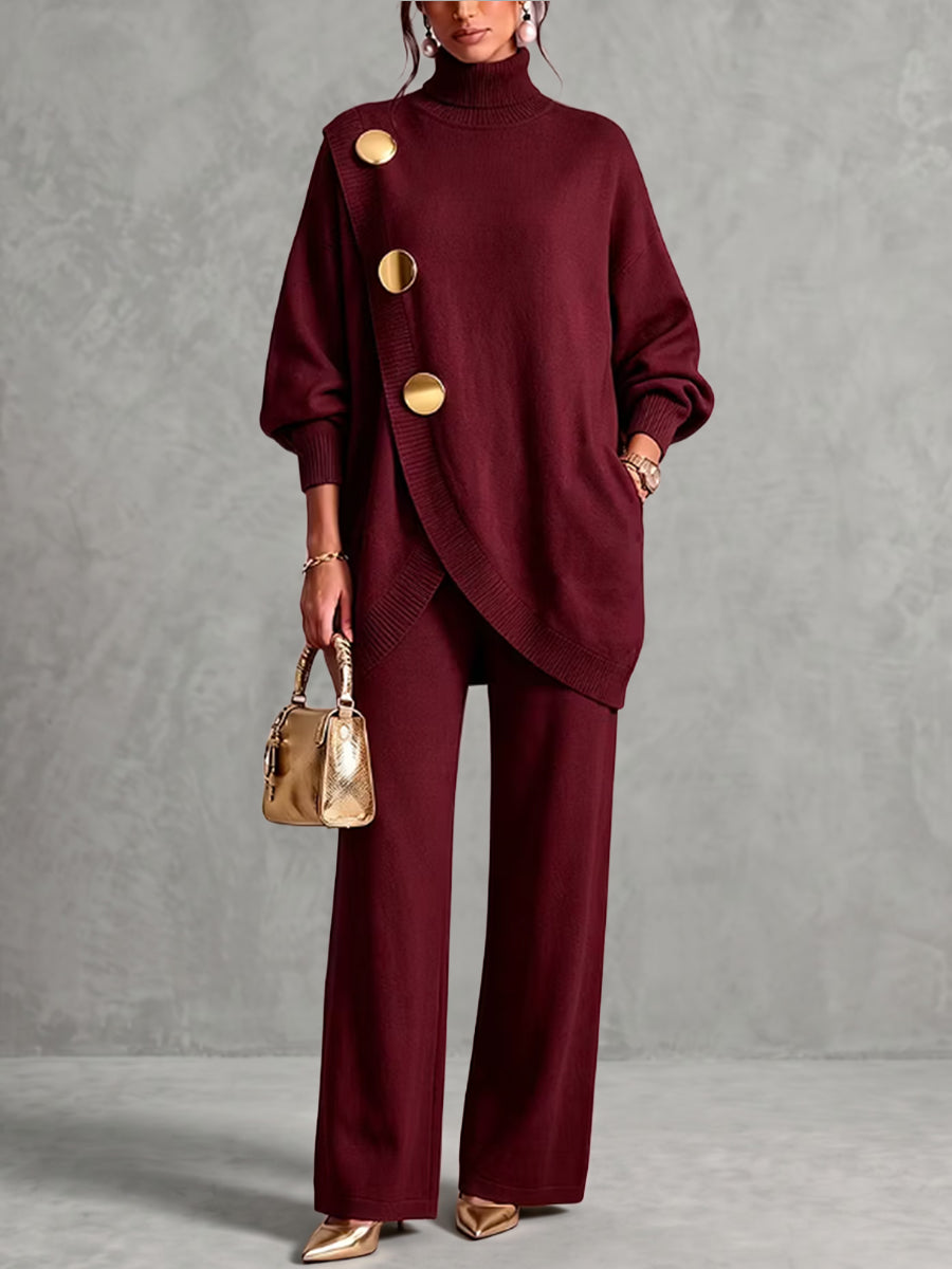 Solid Color Ribbed Pockets Buttoned Asymmetric Loose Long Sleeves High-neck Sweater Tops Pullovers