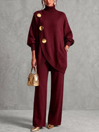 Solid Color Ribbed Pockets Buttoned Asymmetric Loose Long Sleeves High-neck Sweater Tops Pullovers