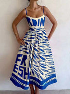 Elasticated Waist High Waisted Contrast Color Pleated Printed Split-Joint Spaghetti-Neck Midi Dresses