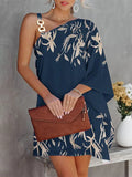 Batwing Sleeves Loose Color-Block Hollow Printed One-shoulder Mini Dresses Short Dresses