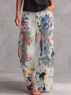 Pockets Graffiti Printed Contrast Color Buttoned Wide Leg High Waisted Trousers Pants