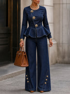 Split-Joint Ruffle Trim Buttoned Skinny Long Sleeves Round-neck Blouses&shirts Tops