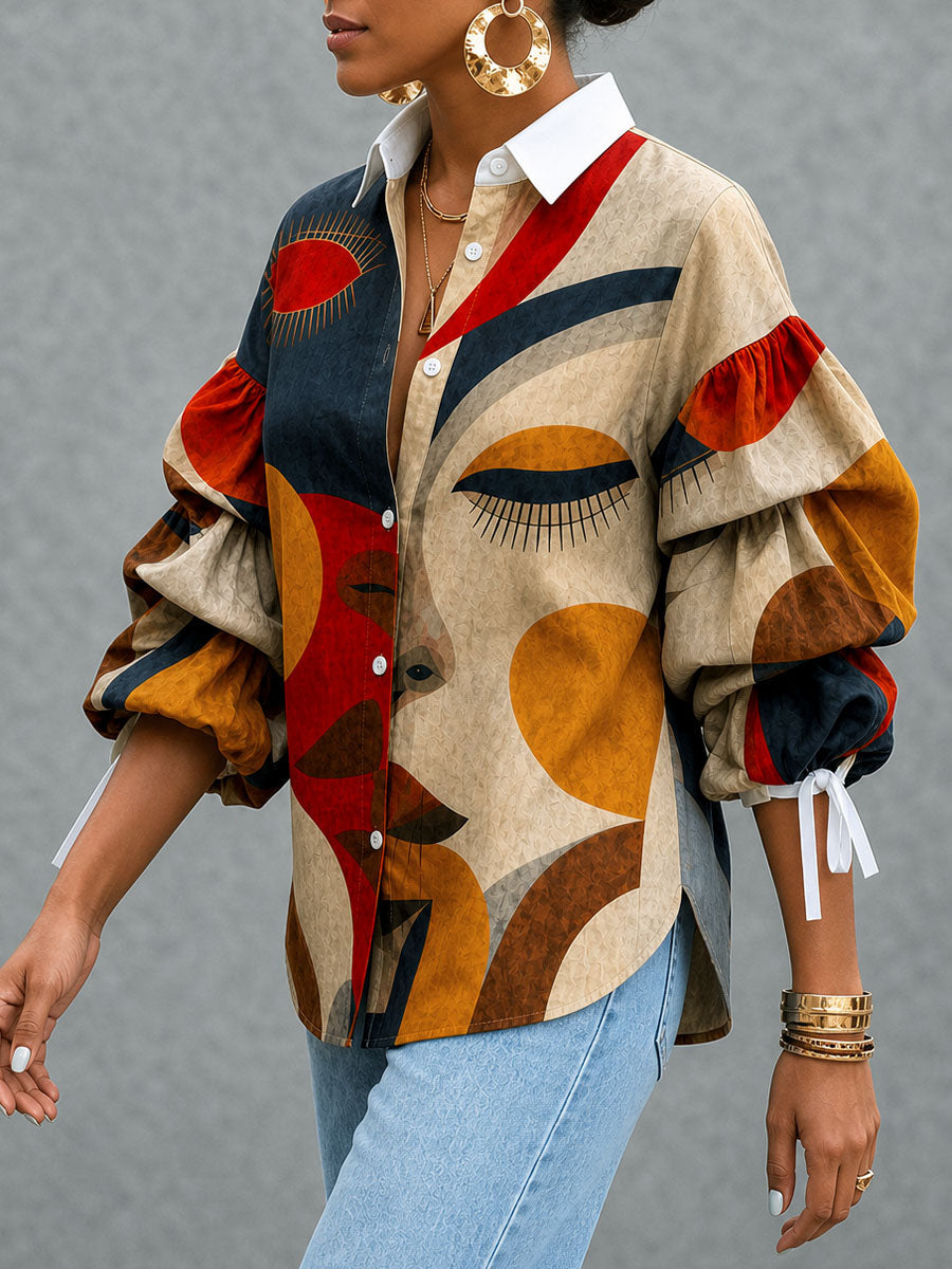 Tiered Split-Joint Figure Contrast Color Buttoned Puff Sleeves Half Sleeves Lapel Blouses&shirts Tops