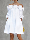 Half Sleeves Loose Pockets Solid Color Three-Dimensional Flower Off-The-Shoulder Mini Dresses