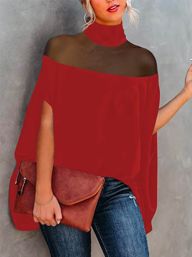 See-Through Batwing Sleeves High-neck Blouses&shirts Tops