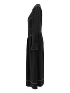 Zipper Split-Joint Pockets Pleated Contrast Color Long Sleeves High Waisted Mock Neck Maxi Dresses