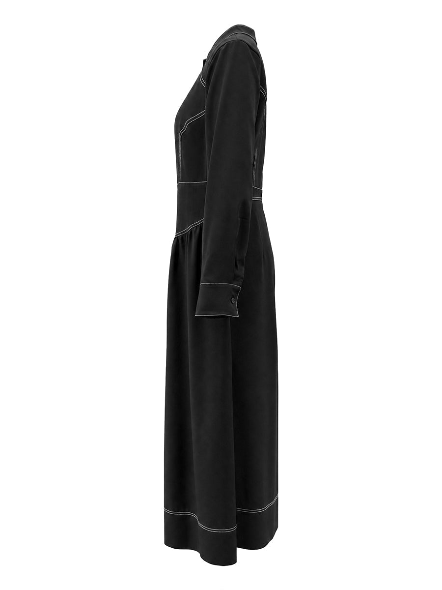 Zipper Split-Joint Pockets Pleated Contrast Color Long Sleeves High Waisted Mock Neck Maxi Dresses