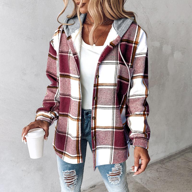 HONEY™ - Women’s Plaid Fleece Lined Hooded Shacket Jacket