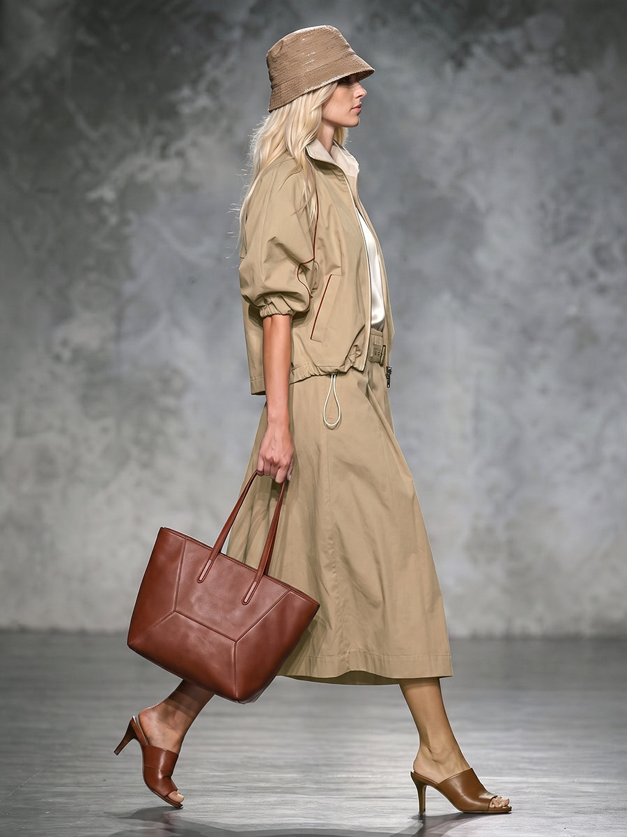 Zipper Drawstring Contrast Color Loose Half Sleeves Lapel Outerwear