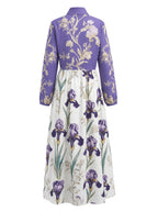 Split-Joint Ruched Pockets Flower Print Contrast Color Buttoned Loose Long Sleeves Stand Collar Maxi Dresses