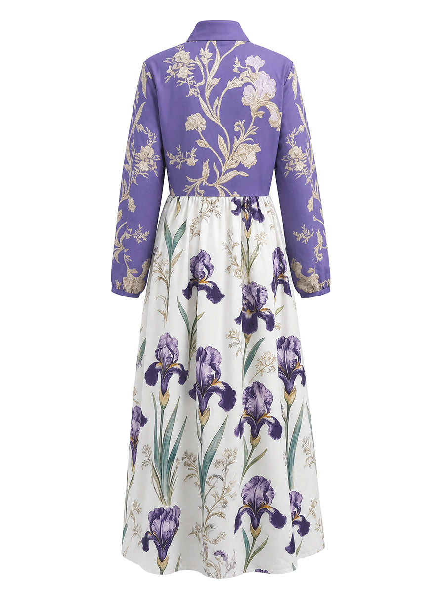 Split-Joint Ruched Pockets Flower Print Contrast Color Buttoned Loose Long Sleeves Stand Collar Maxi Dresses