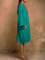 Batwing Sleeves Loose Pockets Solid Color Deep V-Neck Mini Dresses